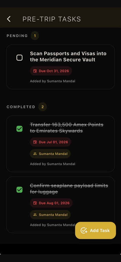 Meridian trip tasks screen